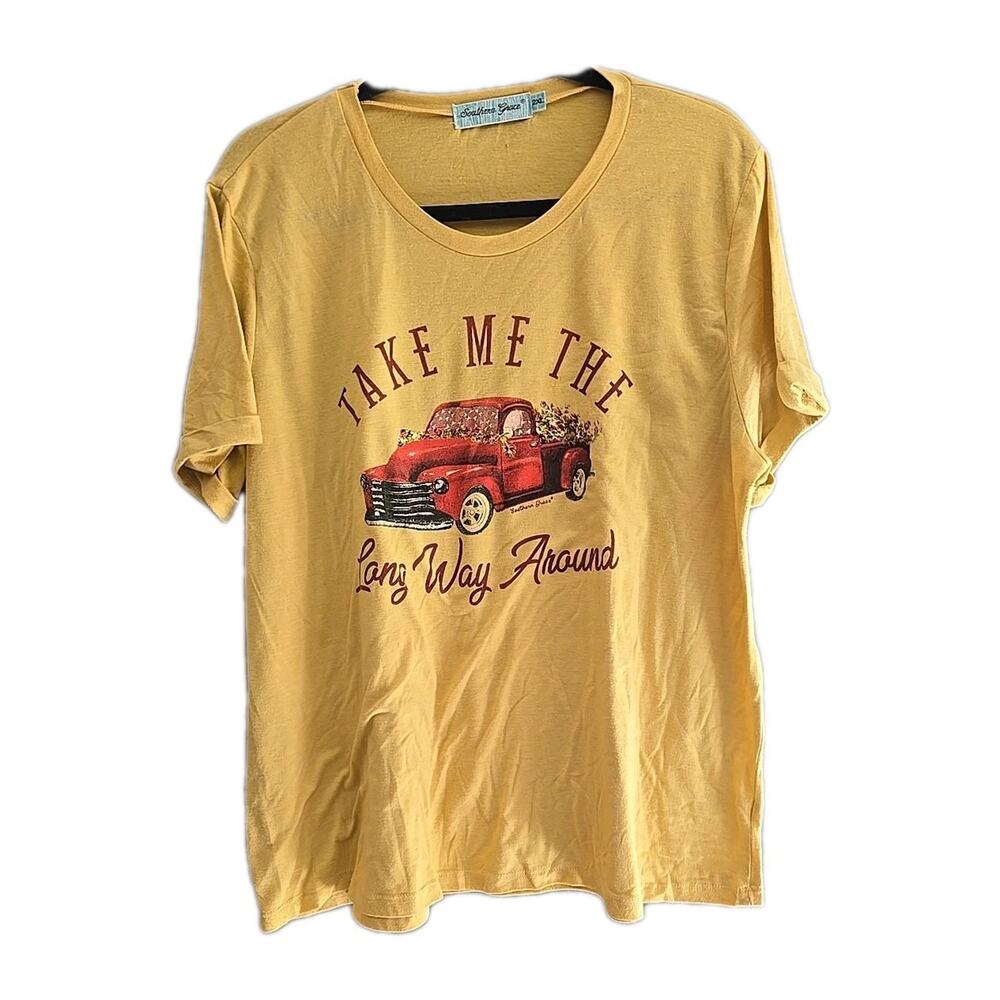 Southern Grace Yellow Truck Graphic Crew Neck Short Sleeve Womans Size 2XL